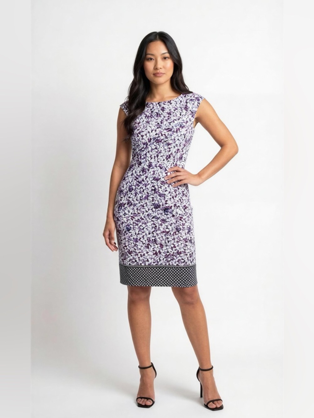 Wisp Sleeveless Midi Dress in White and Purple Geometric Print Size 8